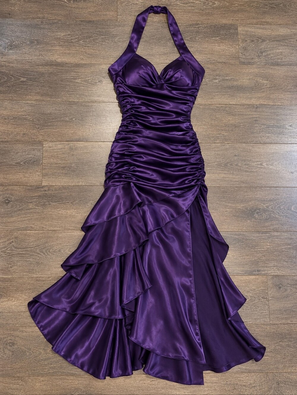 💜 Juno Purple Satin Halter Gown – Size Small